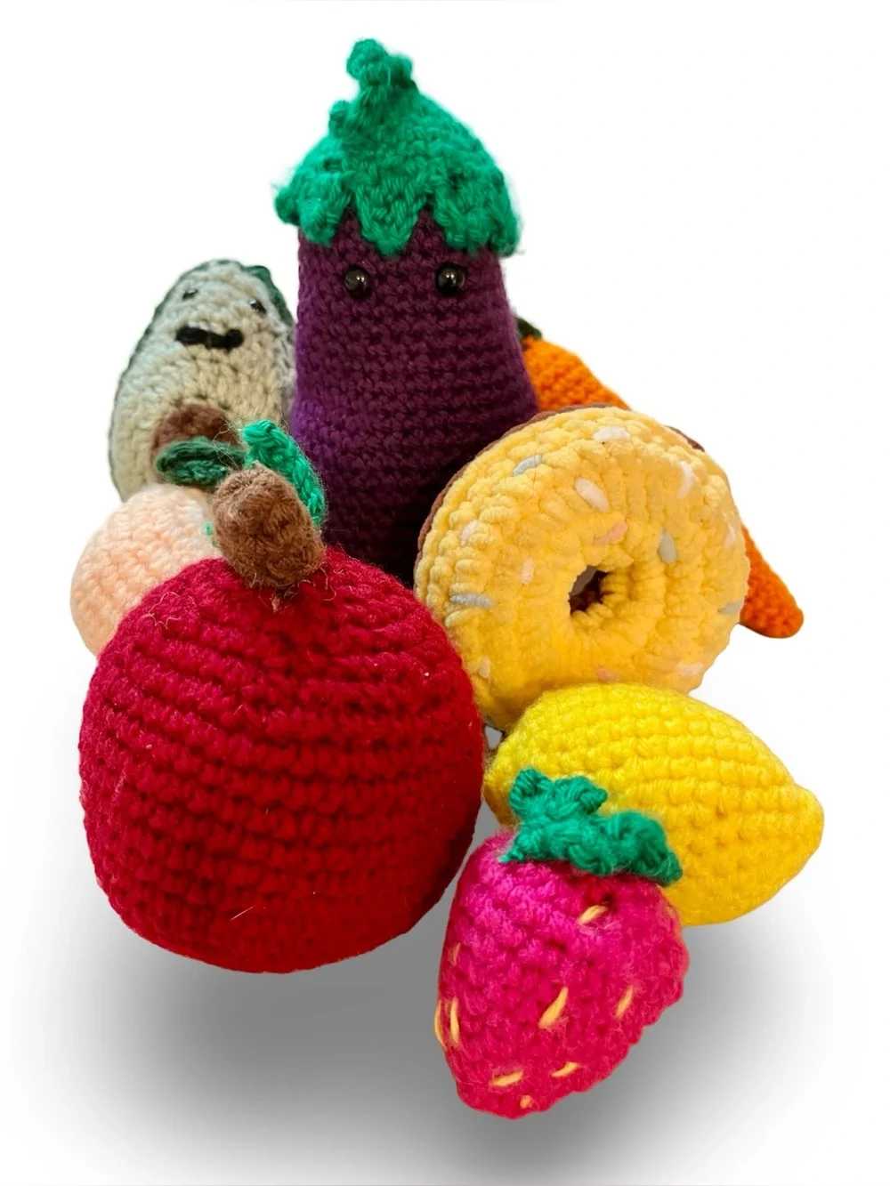 Handmade Crochet Play Food Set - 9pc Amigurumi Fruits, Veggies & Donut